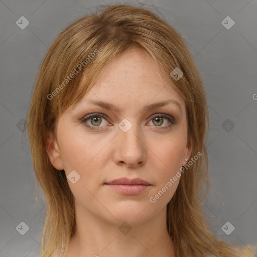 Neutral white young-adult female with long  brown hair and grey eyes