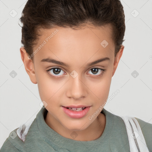 Joyful white child female with short  brown hair and brown eyes