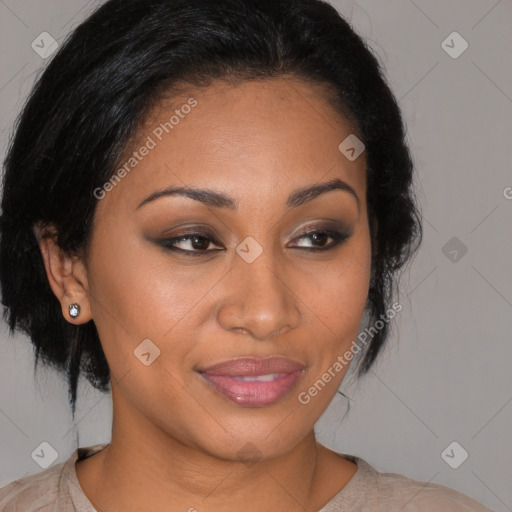 Joyful latino young-adult female with medium  brown hair and brown eyes