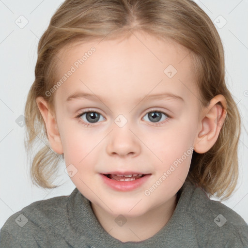 Joyful white child female with medium  brown hair and grey eyes