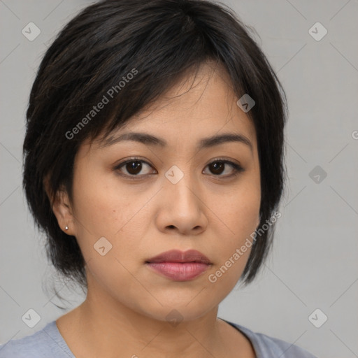 Neutral asian young-adult female with medium  brown hair and brown eyes