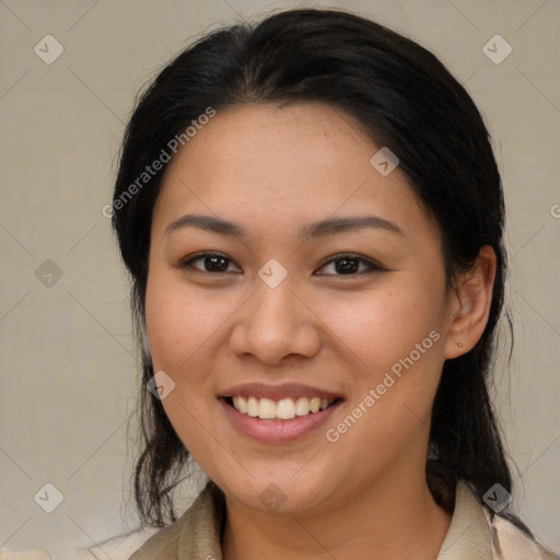 Joyful asian young-adult female with medium  brown hair and brown eyes