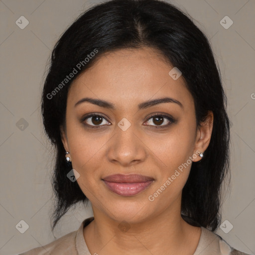 Joyful black young-adult female with medium  brown hair and brown eyes