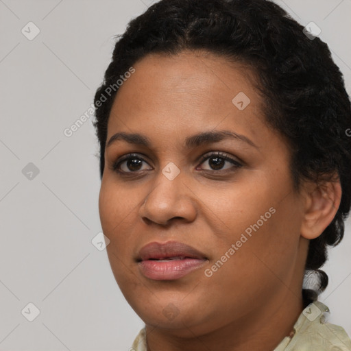 Joyful latino young-adult female with short  brown hair and brown eyes