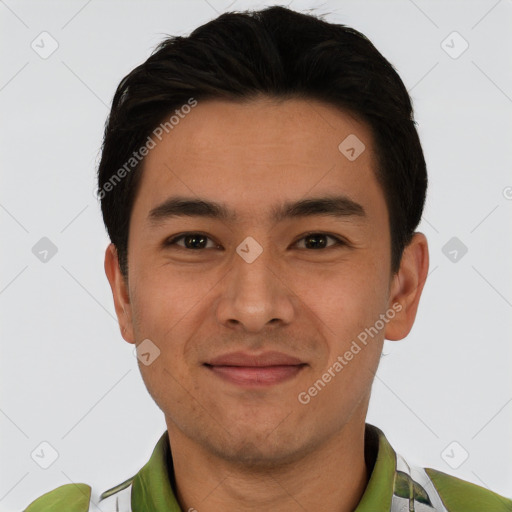 Joyful white young-adult male with short  black hair and brown eyes