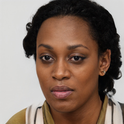 Joyful black young-adult female with medium  black hair and brown eyes
