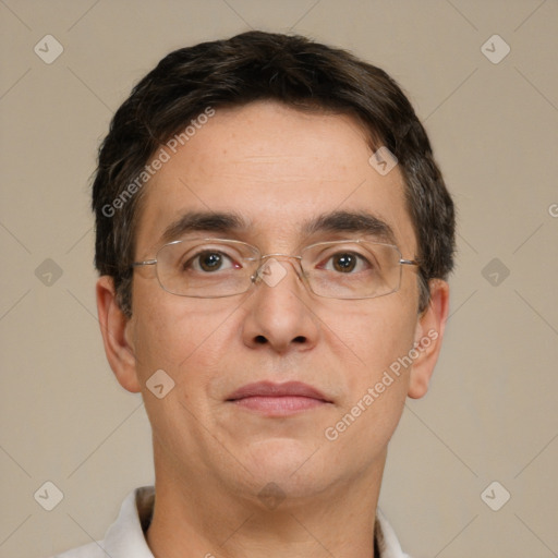 Neutral white adult male with short  brown hair and brown eyes