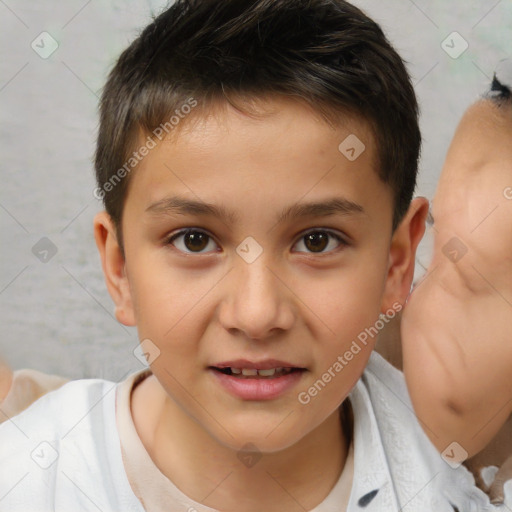 Joyful white child male with short  brown hair and brown eyes