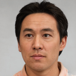 Neutral asian adult male with short  brown hair and brown eyes