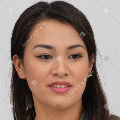 Joyful asian young-adult female with long  brown hair and brown eyes