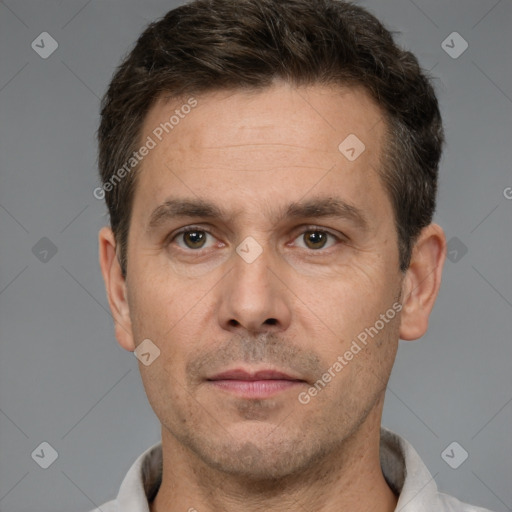 Neutral white adult male with short  brown hair and brown eyes