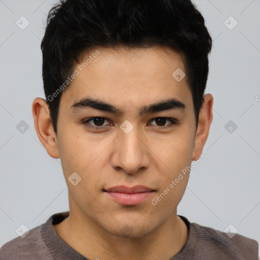 Neutral asian young-adult male with short  brown hair and brown eyes