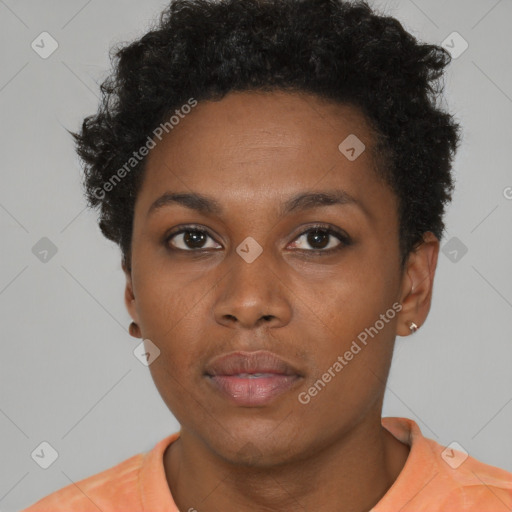 Neutral black young-adult female with short  black hair and brown eyes