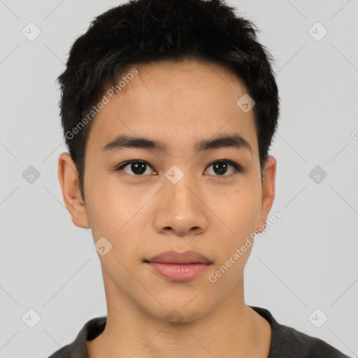 Neutral asian young-adult male with short  black hair and brown eyes