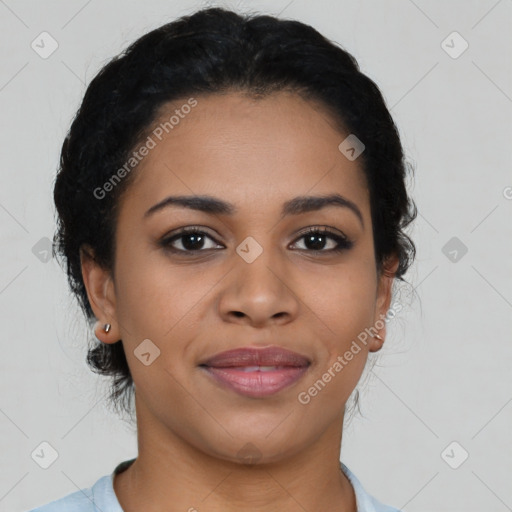 Joyful latino young-adult female with short  black hair and brown eyes