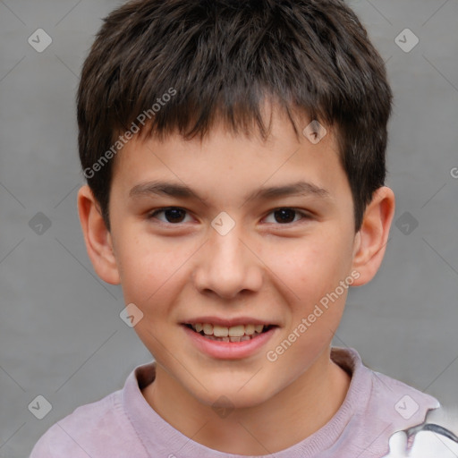Joyful white child male with short  brown hair and brown eyes