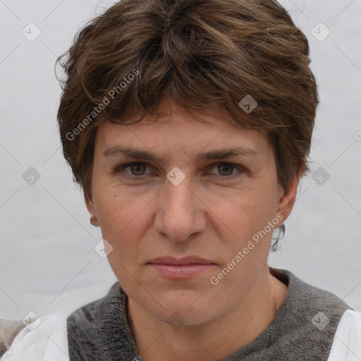 Joyful white adult male with short  brown hair and grey eyes