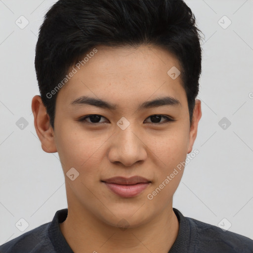 Joyful asian young-adult female with short  black hair and brown eyes