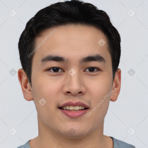 Joyful asian young-adult male with short  black hair and brown eyes