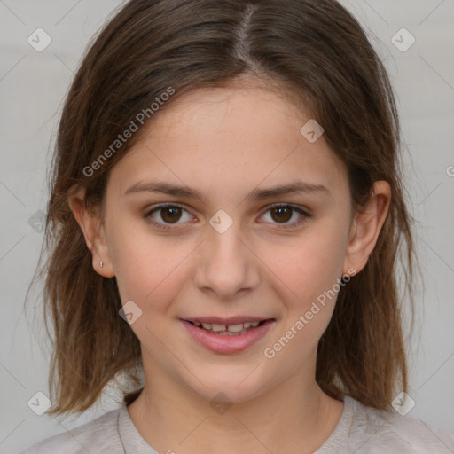 Joyful white child female with medium  brown hair and brown eyes