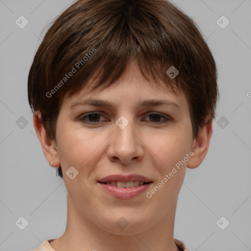 Joyful white young-adult female with short  brown hair and brown eyes