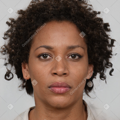 Neutral black adult female with short  brown hair and brown eyes