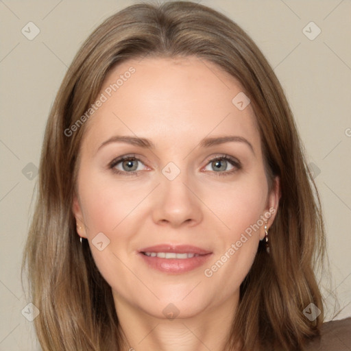 Joyful white adult female with long  brown hair and brown eyes