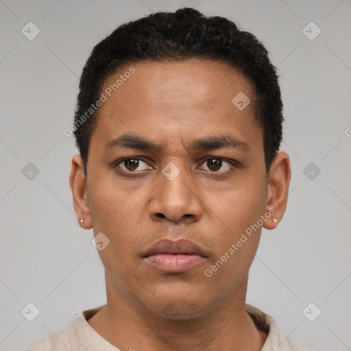 Neutral latino young-adult male with short  black hair and brown eyes