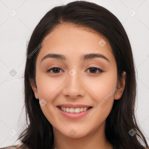 Joyful white young-adult female with long  brown hair and brown eyes