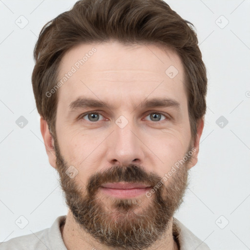 Neutral white young-adult male with short  brown hair and grey eyes