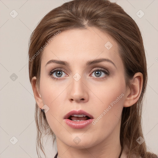 Neutral white young-adult female with medium  brown hair and grey eyes