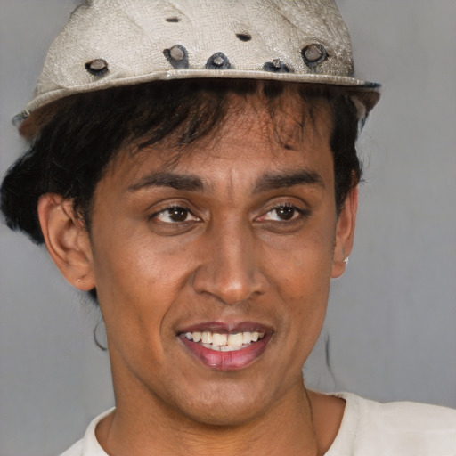 Joyful black adult male with short  brown hair and brown eyes