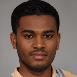 Joyful latino young-adult male with short  brown hair and brown eyes