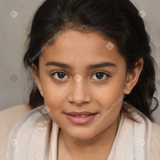 Joyful white child female with medium  brown hair and brown eyes