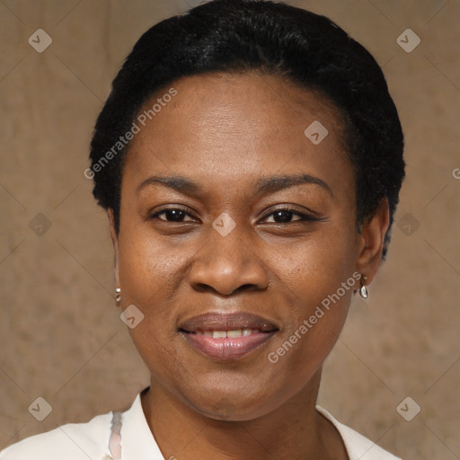 Joyful black adult female with short  black hair and brown eyes