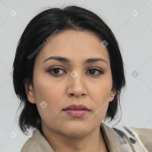 Neutral asian young-adult female with medium  black hair and brown eyes