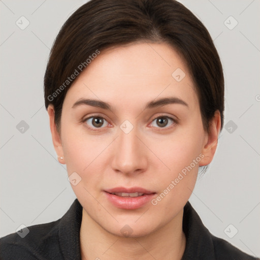 Neutral white young-adult female with short  brown hair and brown eyes