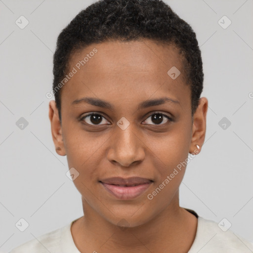 Joyful black young-adult female with short  brown hair and brown eyes