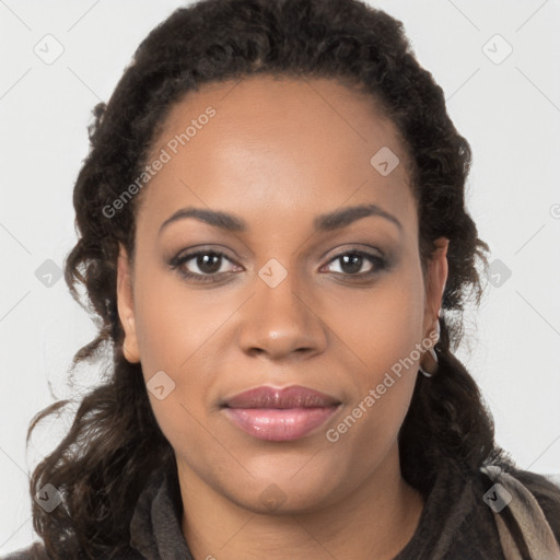 Joyful latino young-adult female with long  brown hair and brown eyes