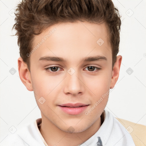 Joyful white child male with short  brown hair and brown eyes