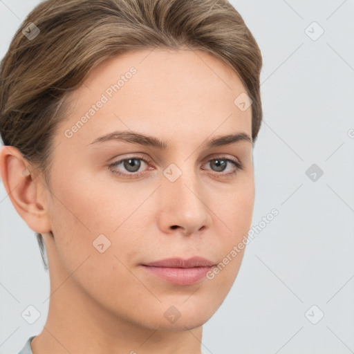 Neutral white young-adult female with short  brown hair and brown eyes