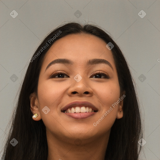 Joyful white young-adult female with long  brown hair and brown eyes