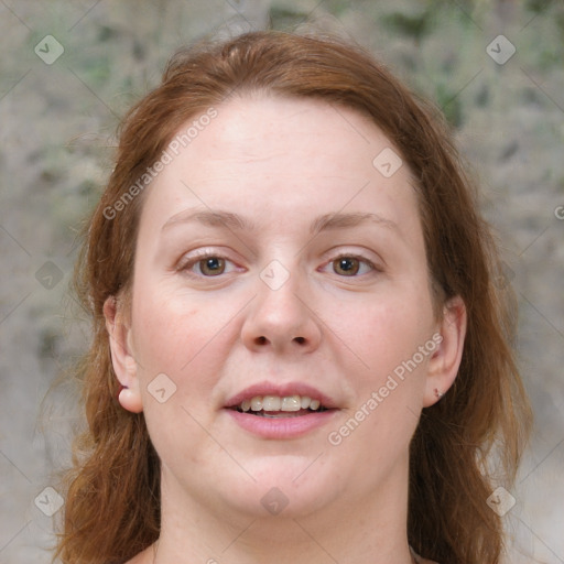 Joyful white young-adult female with medium  brown hair and blue eyes