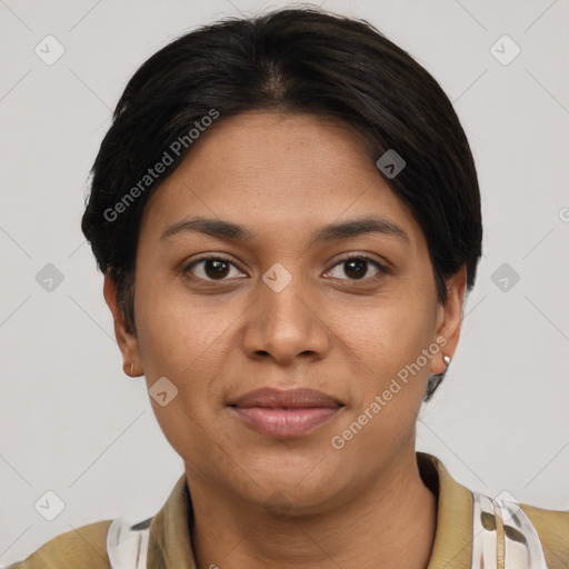 Joyful latino young-adult female with short  brown hair and brown eyes