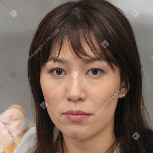 Neutral white young-adult female with medium  brown hair and brown eyes