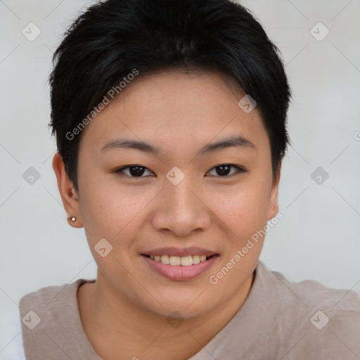 Joyful asian young-adult female with short  brown hair and brown eyes