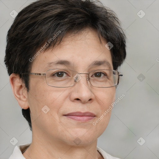 Joyful white adult female with short  brown hair and brown eyes