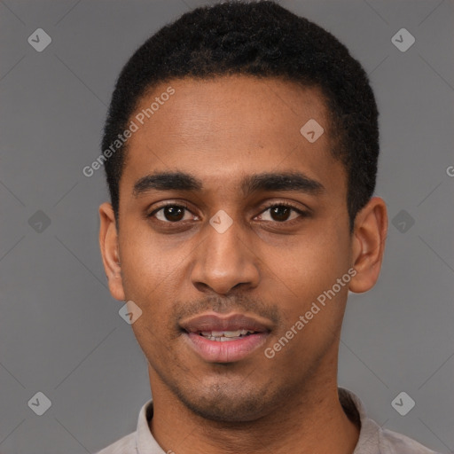 Joyful black young-adult male with short  black hair and brown eyes