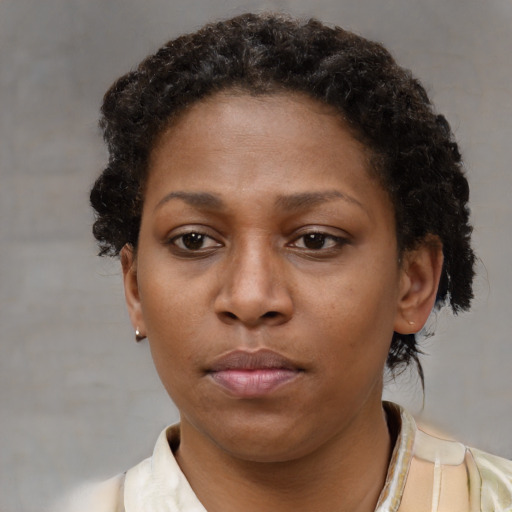 Neutral black young-adult female with short  brown hair and brown eyes