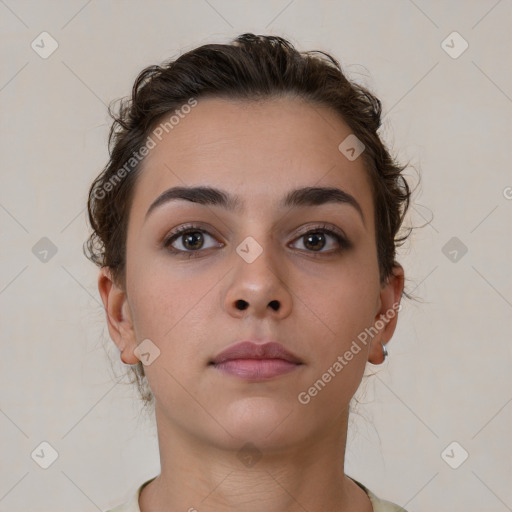 Neutral white young-adult female with short  brown hair and brown eyes